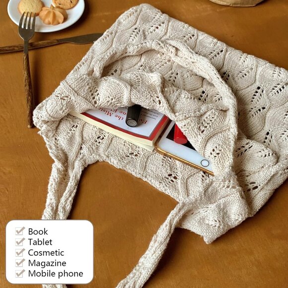 Women's Beige 3 Crochet Bag Cute Mesh Summer Knitted Shoulder Beach Tote Bags - Picture 4 of 6